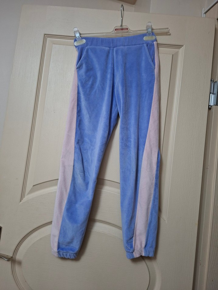 Blok Renkli Kız Çocuk Kadife Eşofman Altı - Görsel 2