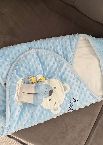 Nakışlı Mavi Bebek Battaniyesi kundak