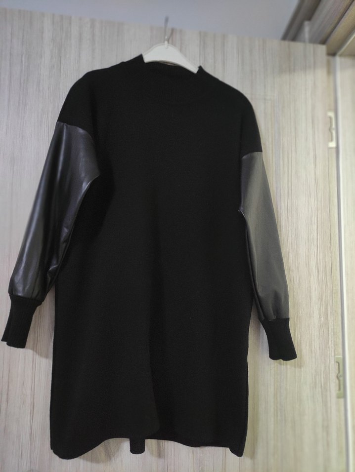 Siyah Deri Detaylı Uzun Kadın Tunik - Görsel 2