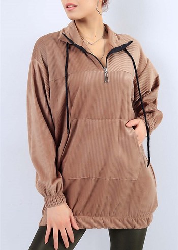 Bej Yarım Fermuarlı Rahat Kesim Sweatshirt - Görsel 3