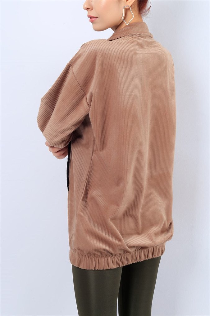 Bej Yarım Fermuarlı Rahat Kesim Sweatshirt - Görsel 4