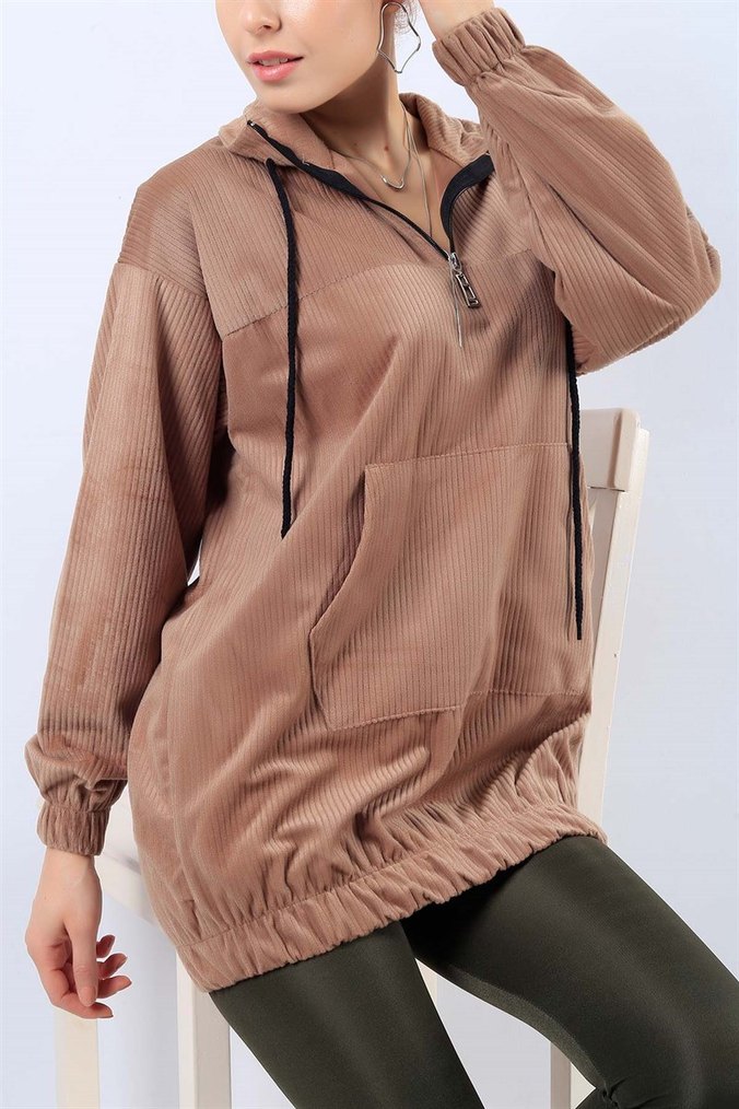 Bej Yarım Fermuarlı Rahat Kesim Sweatshirt - Görsel 2