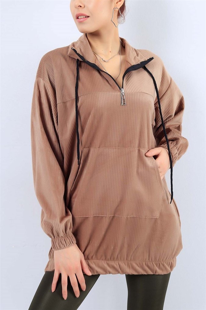 Bej Yarım Fermuarlı Rahat Kesim Sweatshirt - Görsel 3