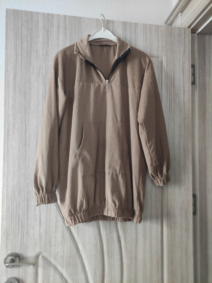 Bej Yarım Fermuarlı Rahat Kesim Sweatshirt - Görsel 5