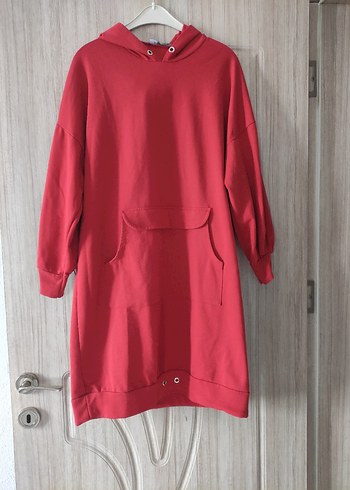 Kapüşonlu Kırmızı Midi Rahat Elbise - Görsel 6
