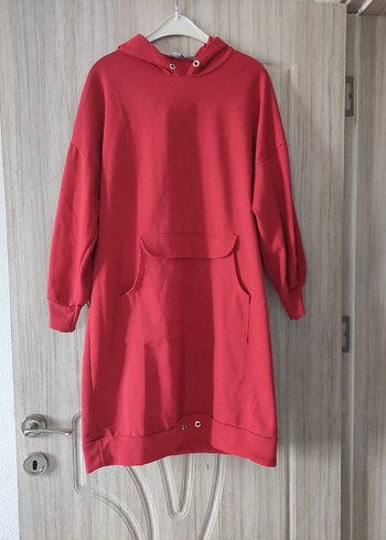Kapüşonlu Kırmızı Midi Rahat Elbise - Görsel 7