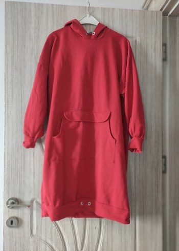 Kapüşonlu Kırmızı Midi Rahat Elbise - Görsel 4