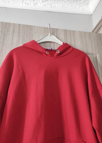 Kapüşonlu Kırmızı Midi Rahat Elbise - Görsel 9