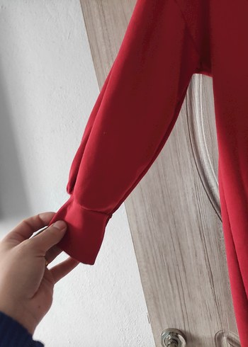 Kapüşonlu Kırmızı Midi Rahat Elbise - Görsel 5