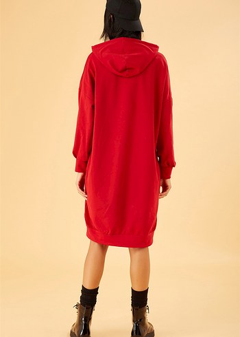 Kapüşonlu Kırmızı Midi Rahat Elbise - Görsel 2