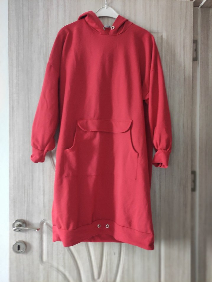 Kapüşonlu Kırmızı Midi Rahat Elbise - Görsel 3