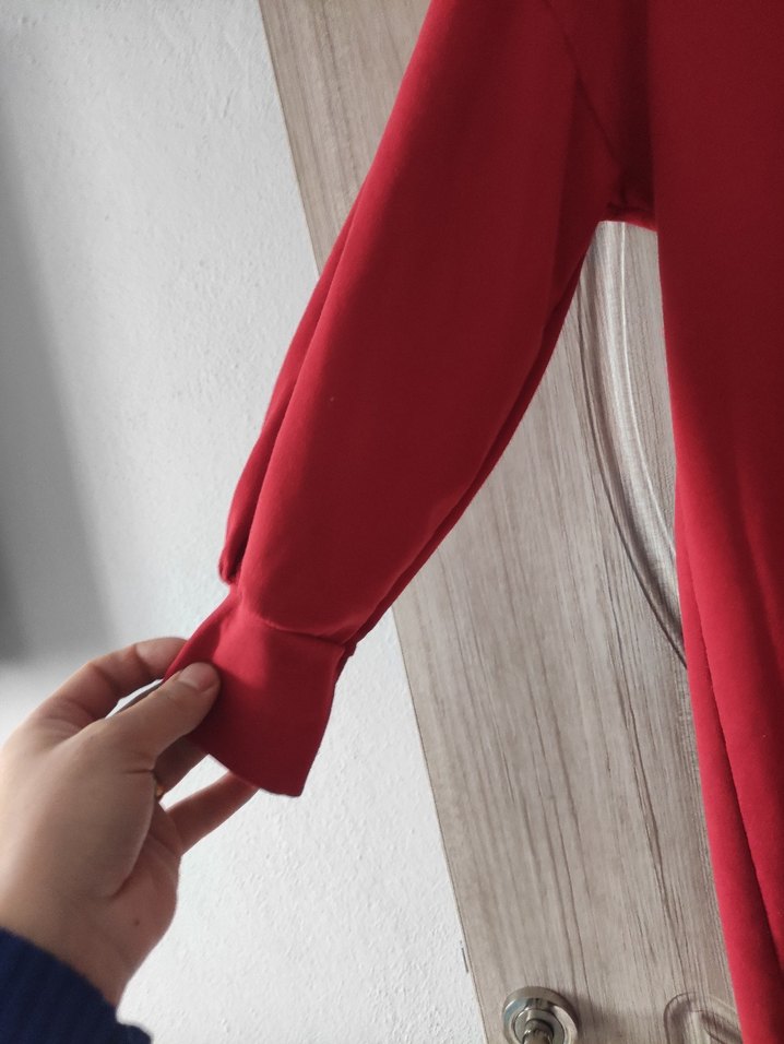 Kapüşonlu Kırmızı Midi Rahat Elbise - Görsel 5