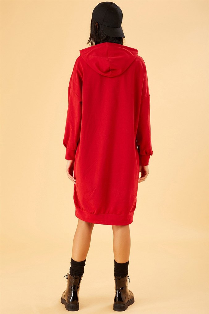Kapüşonlu Kırmızı Midi Rahat Elbise - Görsel 2