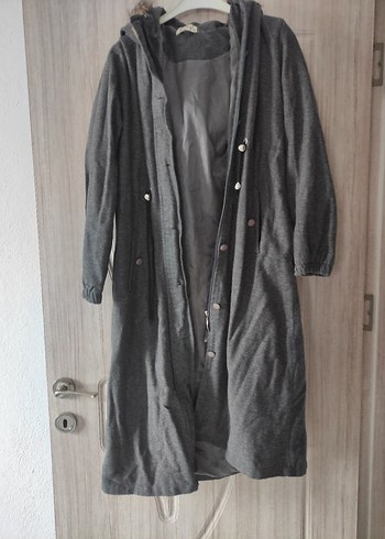 Gri Uzun Yün Kadın Kaban Kürklü Kapüşonlu - Görsel 6