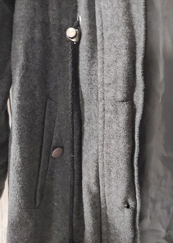 Gri Uzun Yün Kadın Kaban Kürklü Kapüşonlu - Görsel 4