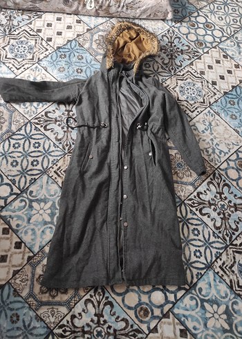 Gri Uzun Yün Kadın Kaban Kürklü Kapüşonlu - Görsel 3