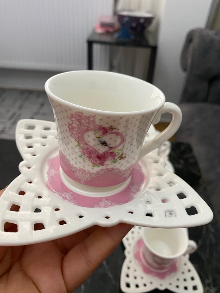 Pembe Desenli 6'lı Fincan ve Tabak Seti - Görsel 3