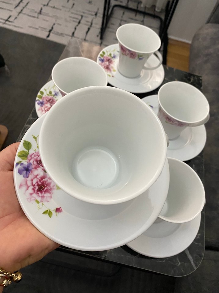 Çiçek Desenli Pastel Beyaz 5'li Fincan Seti - Görsel 3