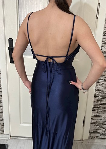 Parlak Lacivert Drapeli Uzun Abiye Elbise - Görsel 4