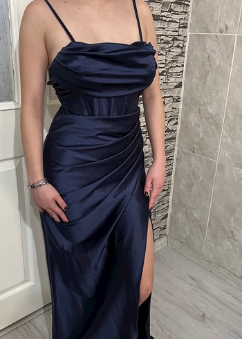Parlak Lacivert Drapeli Uzun Abiye Elbise - Görsel 3