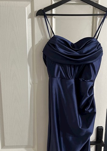 Parlak Lacivert Drapeli Uzun Abiye Elbise - Görsel 5