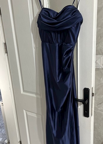 Parlak Lacivert Drapeli Uzun Abiye Elbise - Görsel 6