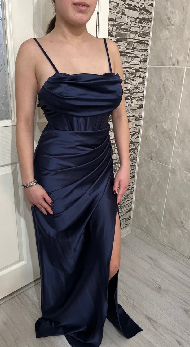 Parlak Lacivert Drapeli Uzun Abiye Elbise - Görsel 3