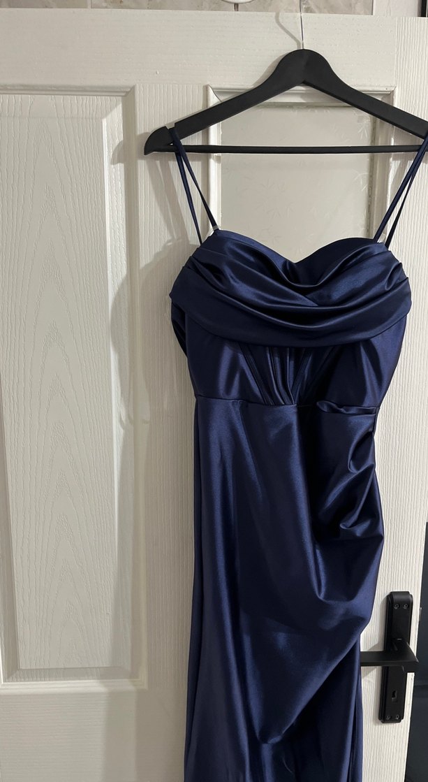 Parlak Lacivert Drapeli Uzun Abiye Elbise - Görsel 5