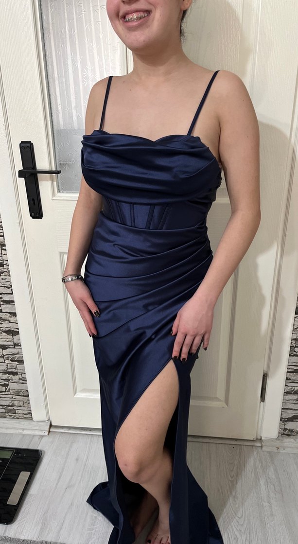 Parlak Lacivert Drapeli Uzun Abiye Elbise - Görsel 2