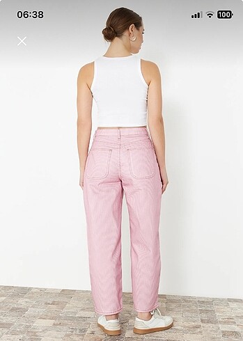Trendyol & Milla Pembe çizgili yüksek bel barrel jean