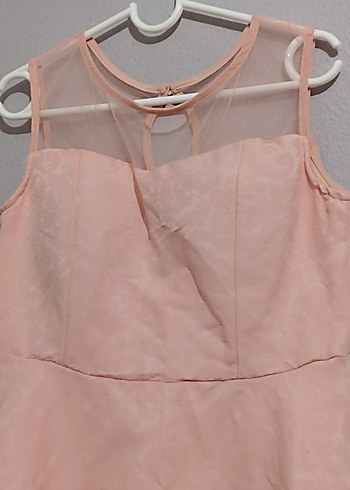 Pembe Midi V Yakalı Fırfırlı Abiye Elbise