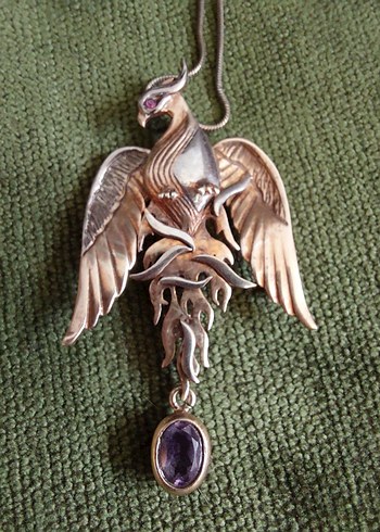 Gümüş,  Doğal taşlı, Hareketli ANKA KUŞU kolye. - Görsel 4