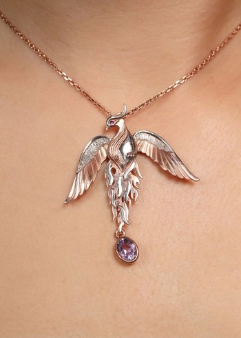 Gümüş,  Doğal taşlı, Hareketli ANKA KUŞU kolye. - Görsel 16