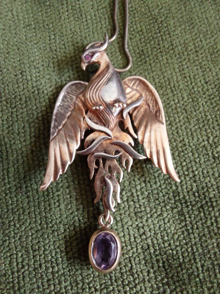 Gümüş,  Doğal taşlı, Hareketli ANKA KUŞU kolye. - Görsel 4