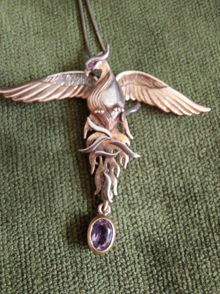 Gümüş,  Doğal taşlı, Hareketli ANKA KUŞU kolye. - Görsel 5