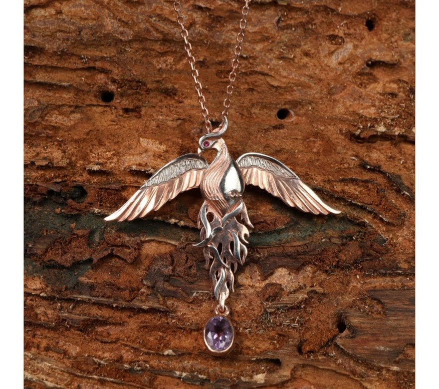 Gümüş,  Doğal taşlı, Hareketli ANKA KUŞU kolye. - Görsel 2