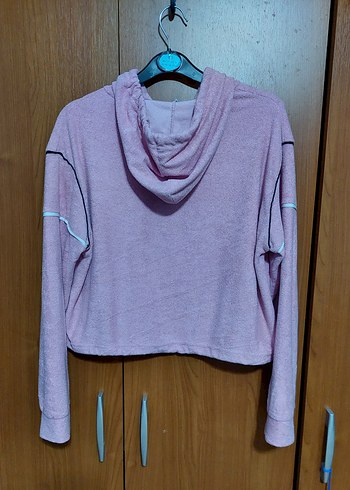 PEMBE RENK  KAPİŞONLU HAVLU KISA SWEATSHİRT - Görsel 7