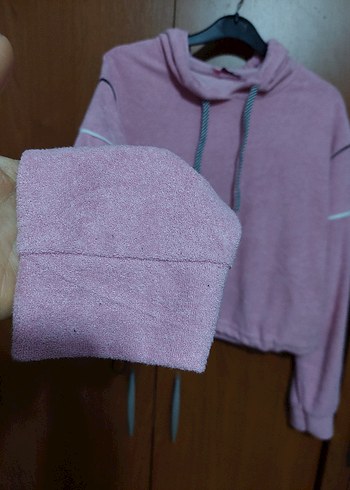 PEMBE RENK  KAPİŞONLU HAVLU KISA SWEATSHİRT - Görsel 3