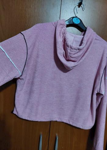 PEMBE RENK  KAPİŞONLU HAVLU KISA SWEATSHİRT - Görsel 6