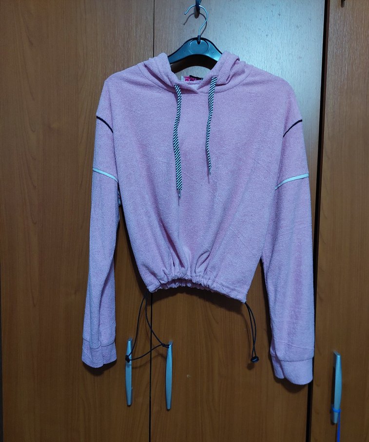 PEMBE RENK  KAPİŞONLU HAVLU KISA SWEATSHİRT - Görsel 4