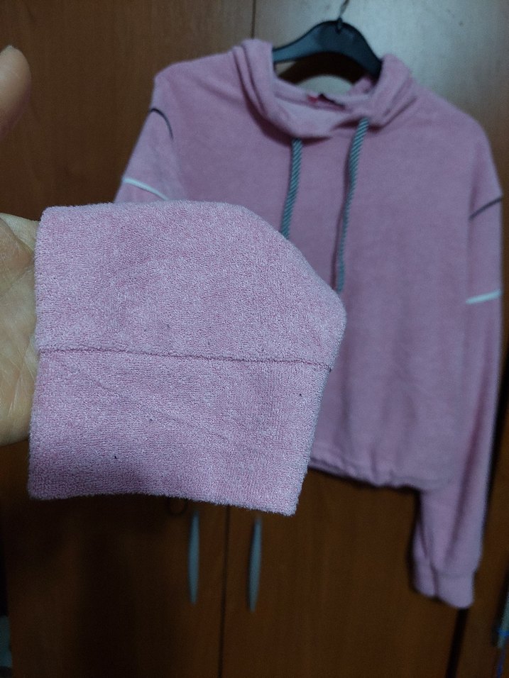 PEMBE RENK  KAPİŞONLU HAVLU KISA SWEATSHİRT - Görsel 3