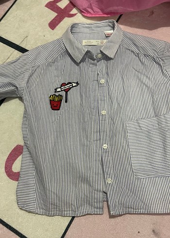 Kız Çocuk Mavi Çizgili Pamuklu Gömlek 1/2 kez gıyıldı - Görsel 2