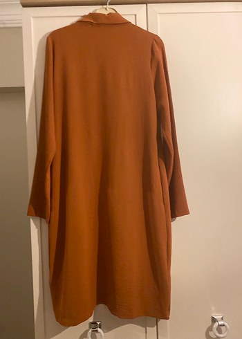 Tarçın rengıUzun Keten Kadın Palto - Görsel 2