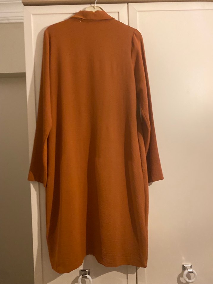 Tarçın rengıUzun Keten Kadın Palto - Görsel 2