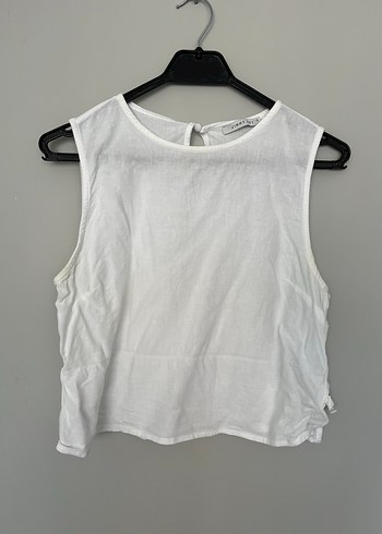 s Beden Sade Beyaz Kolsuz Keten Crop Top