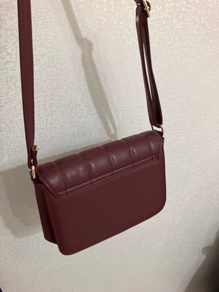 Bordo Deri Kareli Tokalı Kadın Çanta - Görsel 3