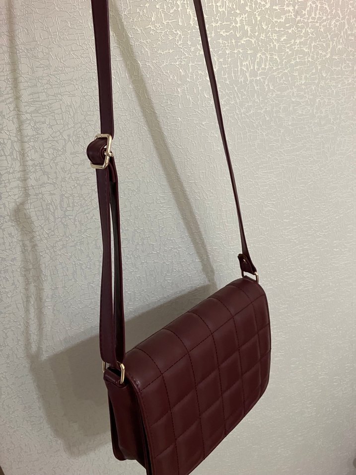 Bordo Deri Kareli Tokalı Kadın Çanta - Görsel 5