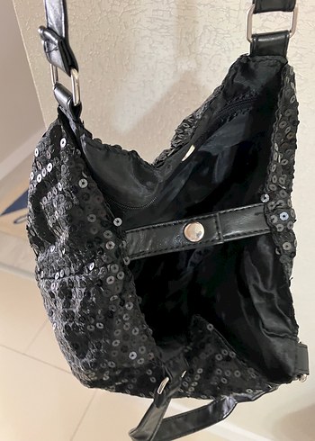 Siyah İşlemeli Kadın Çanta pullu parıltılı - Görsel 3