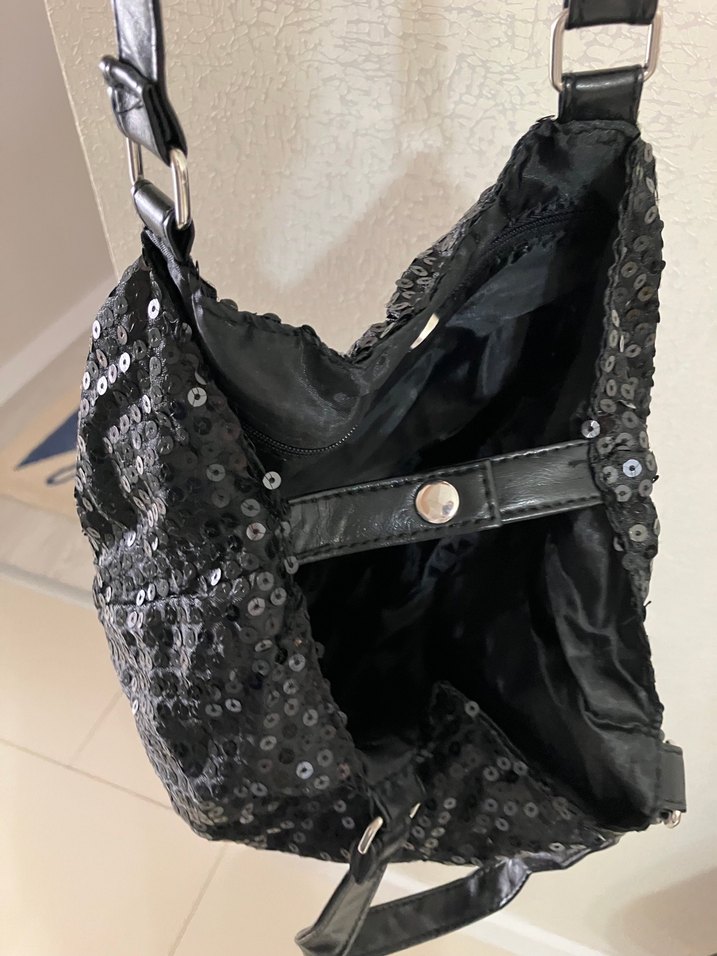 Siyah İşlemeli Kadın Çanta pullu parıltılı - Görsel 3