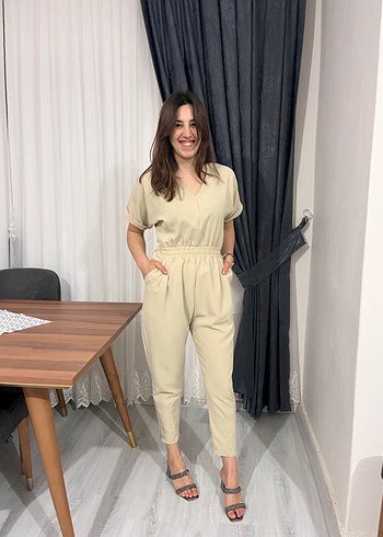 Bej Kadın Midi Tulum, Kısa Kollu, Regular Fit - Görsel 2